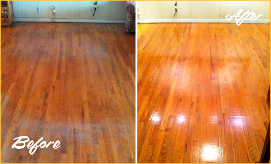 Before and After Picture of a Pine Island Center Wood Sand Free Refinishing Service on a Stained Floor