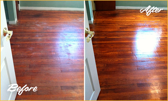 Before and After Picture of a Pine Island Center Wood Sand Free Refinishing Service on a Dull Floor to Remove Stains