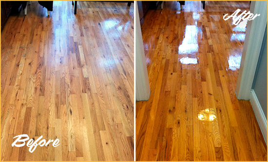 Before and After Picture of a Pine Island Center Wood Sand Free Refinishing Service on a Worn Out Hallway