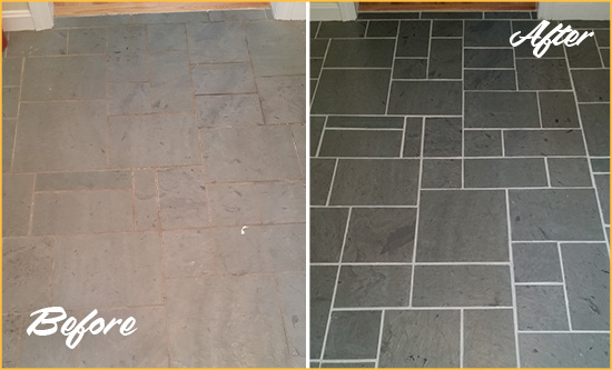 Before and After Picture of a Fort Myers Beach Slate Floor Cleaned to Remove Deep-Seated Dirt