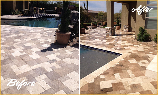 Before and After Picture of a Dull Lely Resort Travertine Pool Deck Cleaned to Recover Its Original Colors