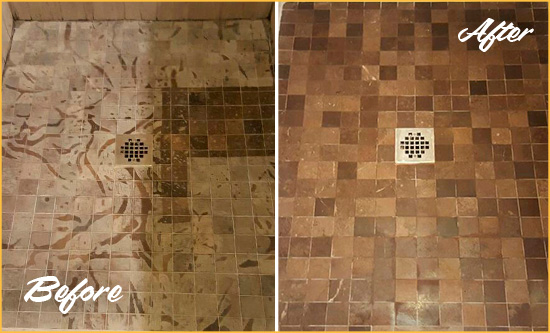 Before and After Picture of a Stained Punta Gorda Marble Shower Floor Cleaned to Remove Etching