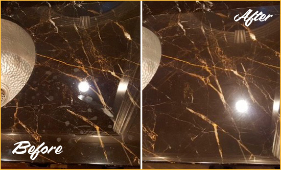 Before and After Picture of a Port Charlotte Marble Countertop Cleaned to Remove Water Spots
