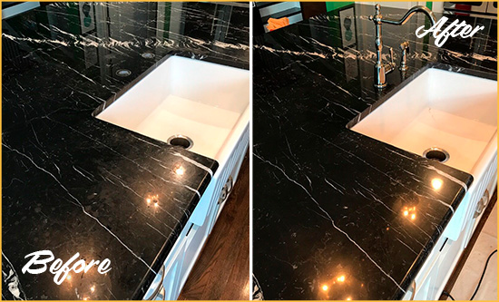 Before and After Picture of a Suncoast Estates Marble Kitchen Countertop Stone Sealed to Avoid Water Damage