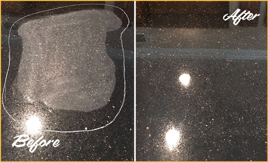 Before and After Picture of a Punta Gorda Granite Kitchen Countertop Honed to Eliminate Scratch