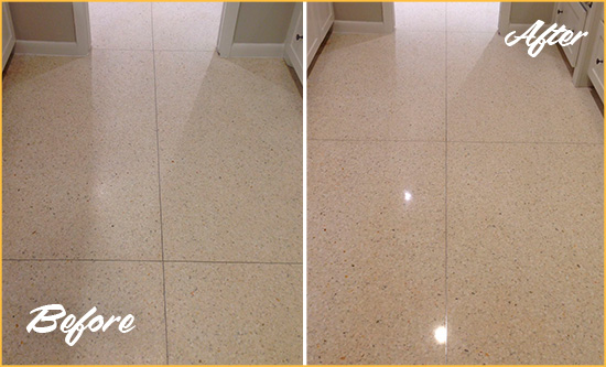 Before and After Picture of a Dull Punta Gorda Granite Floor Honed to Recover Its Sheen