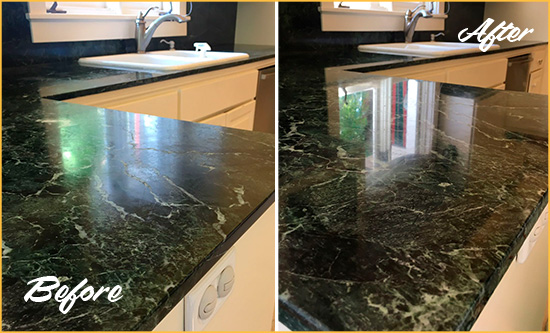 Before and After Picture of a Punta Gorda Marble Kitchen Countertop Honed to Remove Water Marks