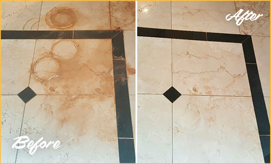 Before and After Picture of a Punta Gorda Marble Floor Honed to Remove Rust Stains