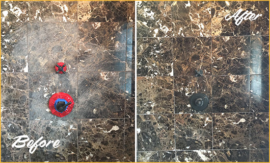 Before and After Picture of a Punta Gorda Marble Shower Honed to Remove Scratches