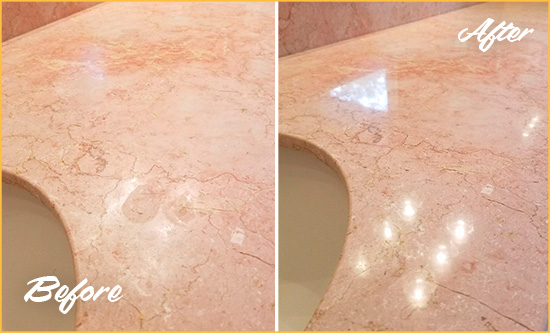 Before and After Picture of a Punta Gorda Marble Vanity Top Honed to Eliminate Water Spots