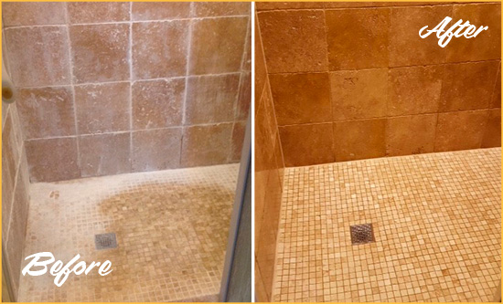 Before and After Picture of a Suncoast Estates Travertine Shower Honed to Remove Mineral Deposits