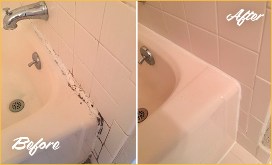 Before and After Picture of a Gateway Hard Surface Restoration Service on a Tile Shower to Repair Damaged Caulking
