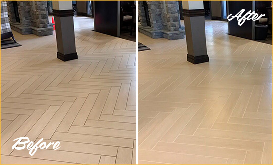 Before and After Picture of a Pine Island Center Hard Surface Restoration Service on an Office Lobby Tile Floor to Remove Embedded Dirt