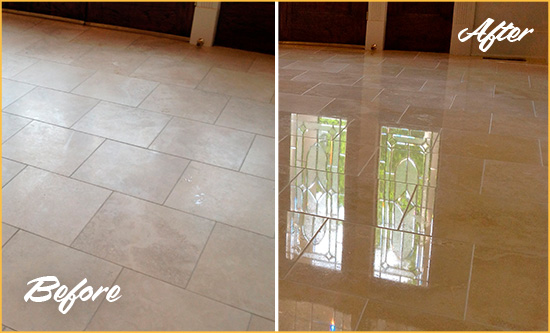 Before and After Picture of a Gateway Hard Surface Restoration Service on a Dull Travertine Floor Polished to Recover Its Splendor