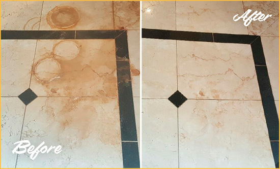 Before and After Picture of a San Carlos Park Hard Surface Restoration Service on a Marble Floor to Eliminate Rust Stains