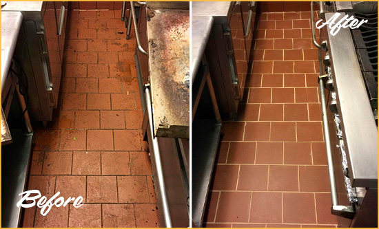 Before and After Picture of a Pine Island Center Hard Surface Restoration Service on a Restaurant Kitchen Floor to Eliminate Soil and Grease Build-Up
