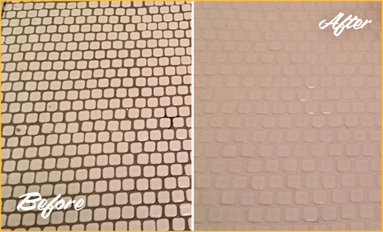 Before and After Picture of a Pine Island Center Hard Surface Restoration Service on a Bathroom Tile Floor Recolored to Fix Grout Color