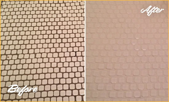 Before and After Picture of a Babcock Ranch Hard Surface Restoration Service on a Bathroom Tile Floor Recolored to Fix Grout Color