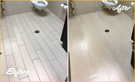 Before and After Picture of a Lely Office Restroom's Grout Cleaned to Remove Dirt