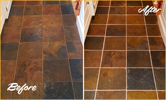 Before and After Picture of Fort Myers Slate Floor Grout Cleaned to Remove Dirt