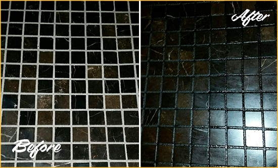 Before and After Picture of a Lely Black Floor with Recolored Grout