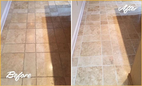 Before and After Picture of a Gateway Travertine Kitchen Floor Recolored Grout