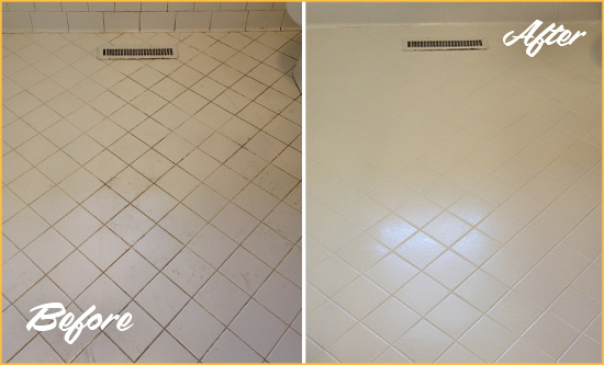 Before and After Picture of a Tice White Bathroom Floor Grout Sealed for Extra Protection