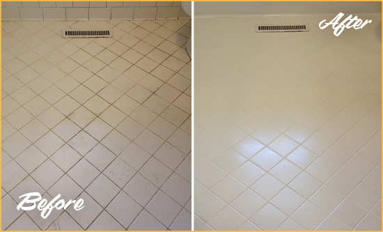 Before and After Picture of a Fort Myers White Bathroom Floor Grout Sealed for Extra Protection