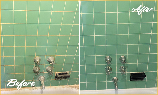 Before and After Picture of a Plantation Island Bath Tub Grout Sealed to Avoid Water Damage