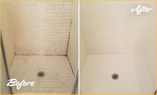 Before and After Picture of a Chokoloskee Bathroom Grout Sealed to Remove Mold