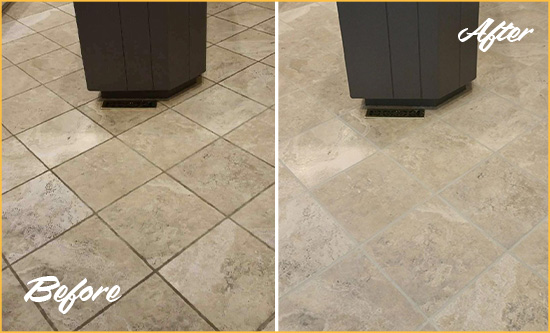 Before and After Picture of a Pineland Kitchen Floor Grout Sealed to Remove Stains