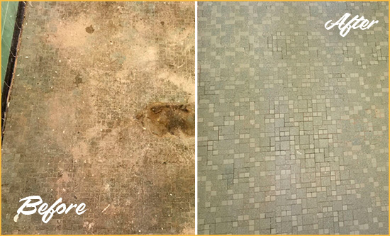 Before and After Picture of a Palmona Park Mosaic Shower Cleaned to Eliminate Embedded Dirt