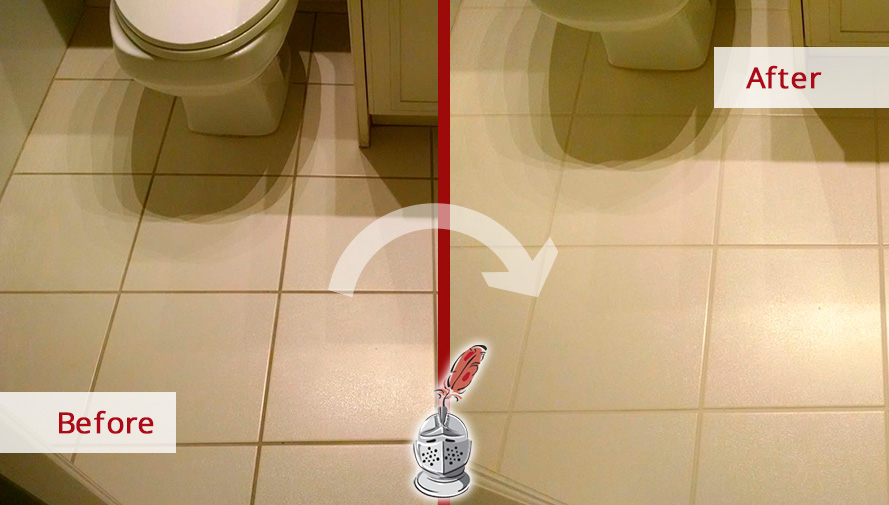 This Ivory Bathroom Was Restored Thanks to a Grout Cleaning Job in Naples, Florida Before and after Picture of This Ivory Floor Fully Restored after a Grout Cleaning Job Done by Our Team in Naples, Florida