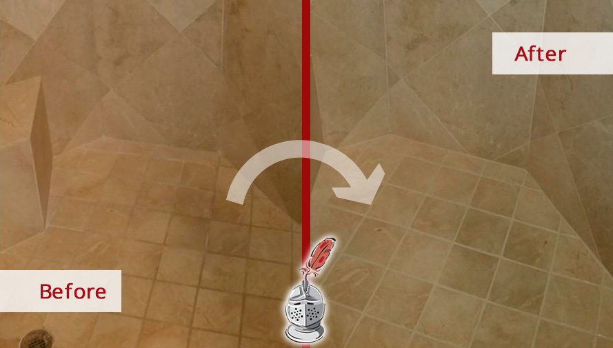 Before and after Picture of This Marble Shower after a Grout Cleaning Job in Fort Myers, FL