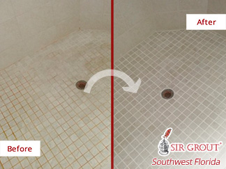 Before and after Picture of This Shower after a Grout Cleaning Job in Naples, FL