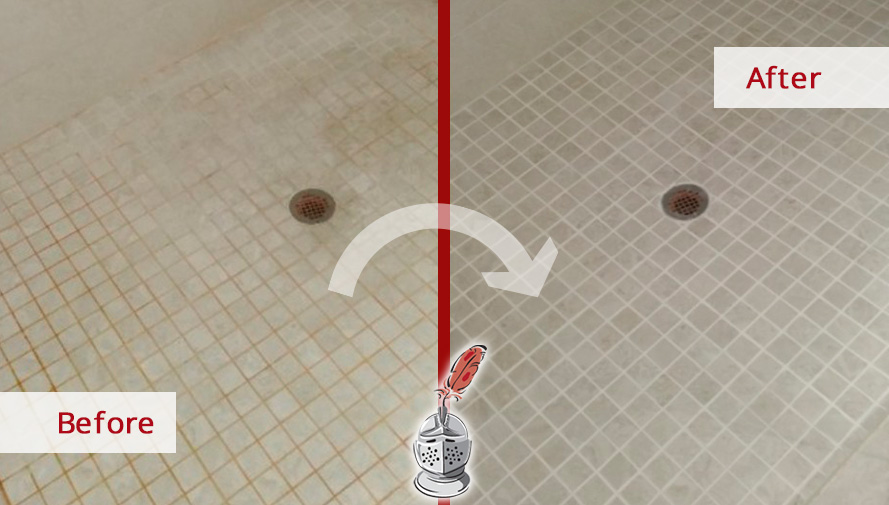 Before and after Picture of This Shower after a Grout Cleaning Job in Naples, FL