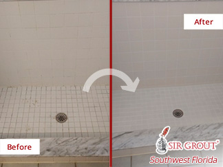 Before and after Picture of a Grout Cleaning Service in Fort Myers, Florida