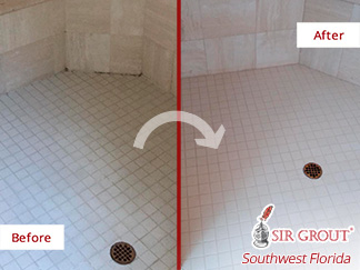 Before and after Picture or This Shower with a New Appearance after a Grout Cleaning Job in Naples, FL