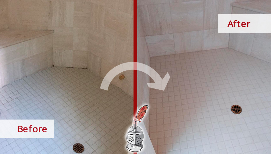 Before and after Picture or This Shower with a New Appearance after a Grout Cleaning Job in Naples, FL