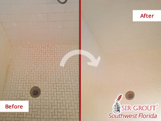 Before and after Picture of a Grout Cleaning Job in Bonita Springs, FL