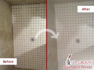 Before and After Picture of a Shower Tile Grout Cleaning Service in Fort Myers, FL