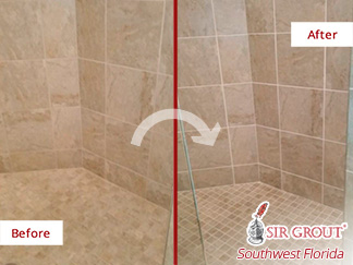 Before and After Picture of Grout Recoloring in Bonita Springs, FL.