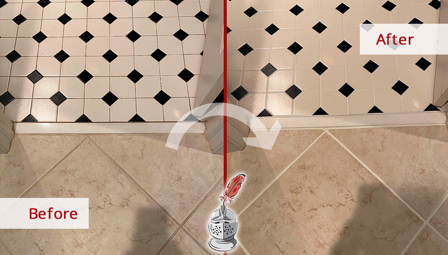 Picture of a Bathroom Floor Before and After a Grout Sealing in Bonita Springs, FL