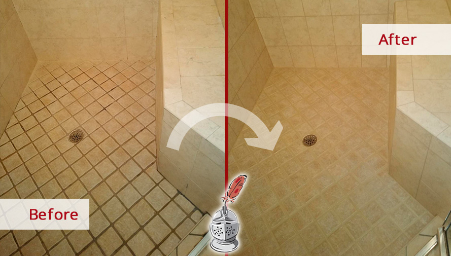 Picture of a Shower Before and After a Grout Sealing in Cape Coral, FL