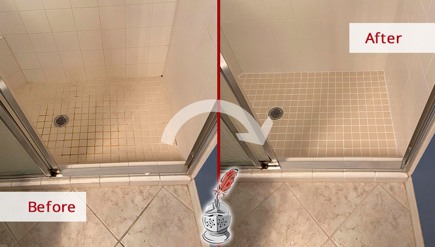 A Dirty Shower Floor Before and After Our Caulking Services in Naples, FL