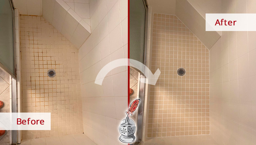 A Dingy Shower Floor Before and After Our Caulking Services in Naples, FL