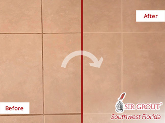 Image of a Floor Before and After a Grout Recoloring in Estero, FL