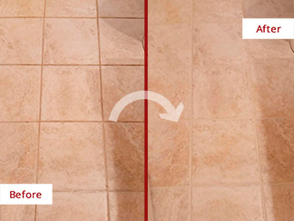 Bathroom Floor Before and After a Grout Recoloring in Naples, FL
