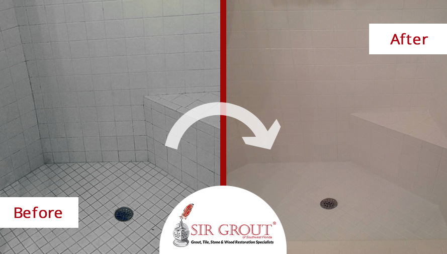 Before and After Picture of Grout Recoloring in Fort Myers