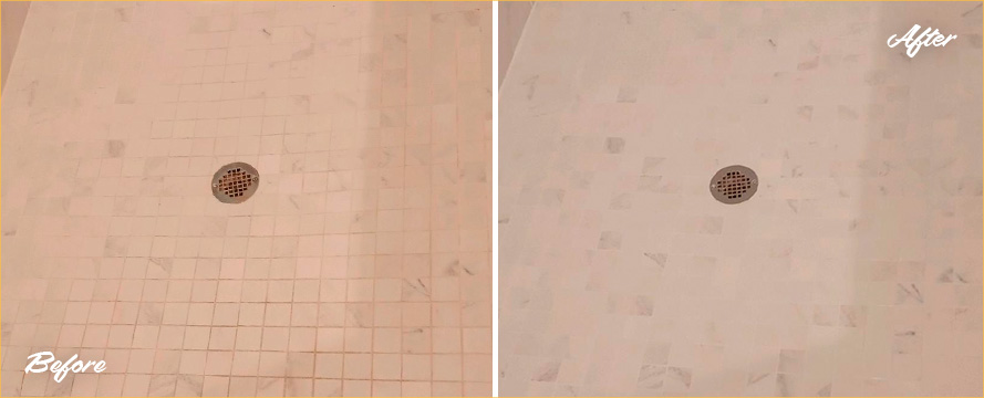 Porcelain Shower Before and After Our Tile and Grout Cleaners in Fort Myers, FL
